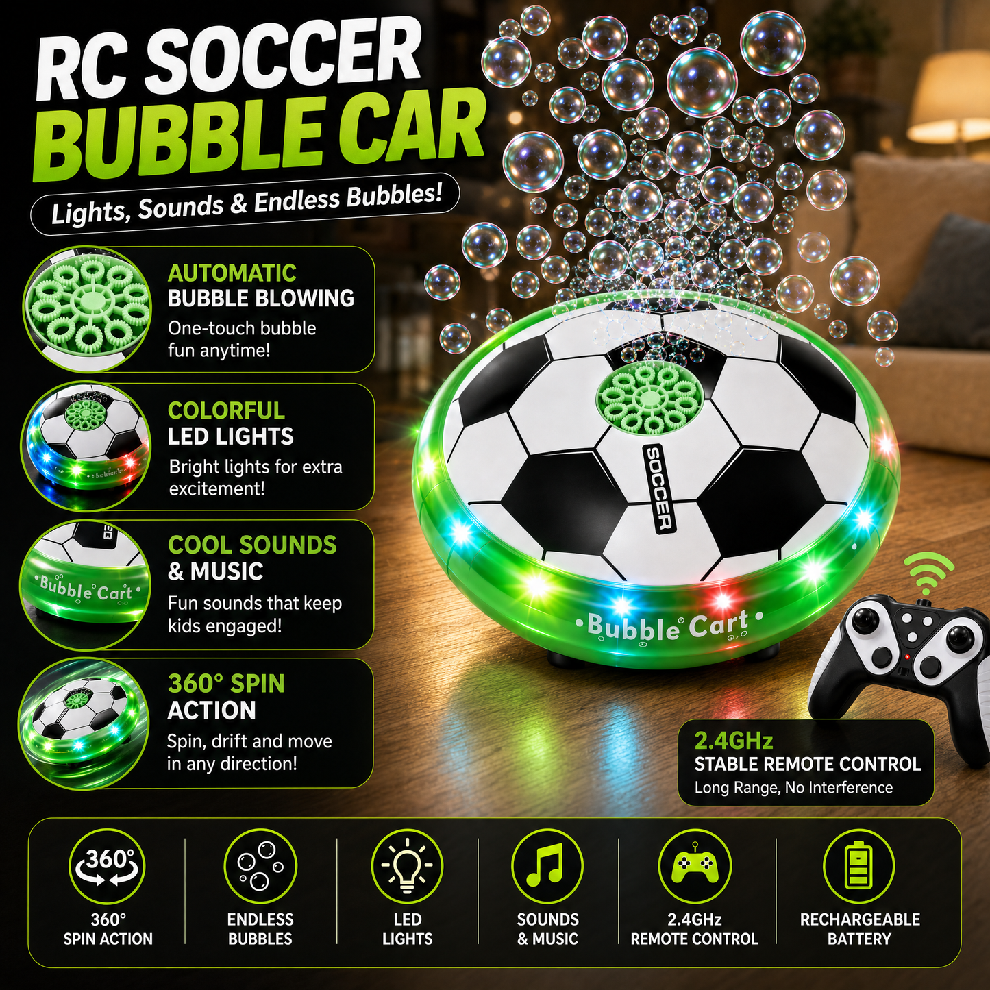 RC Soccer Bubble Car | Remote Control Bubble Ball with 360° Spin, LED Lights & Sounds